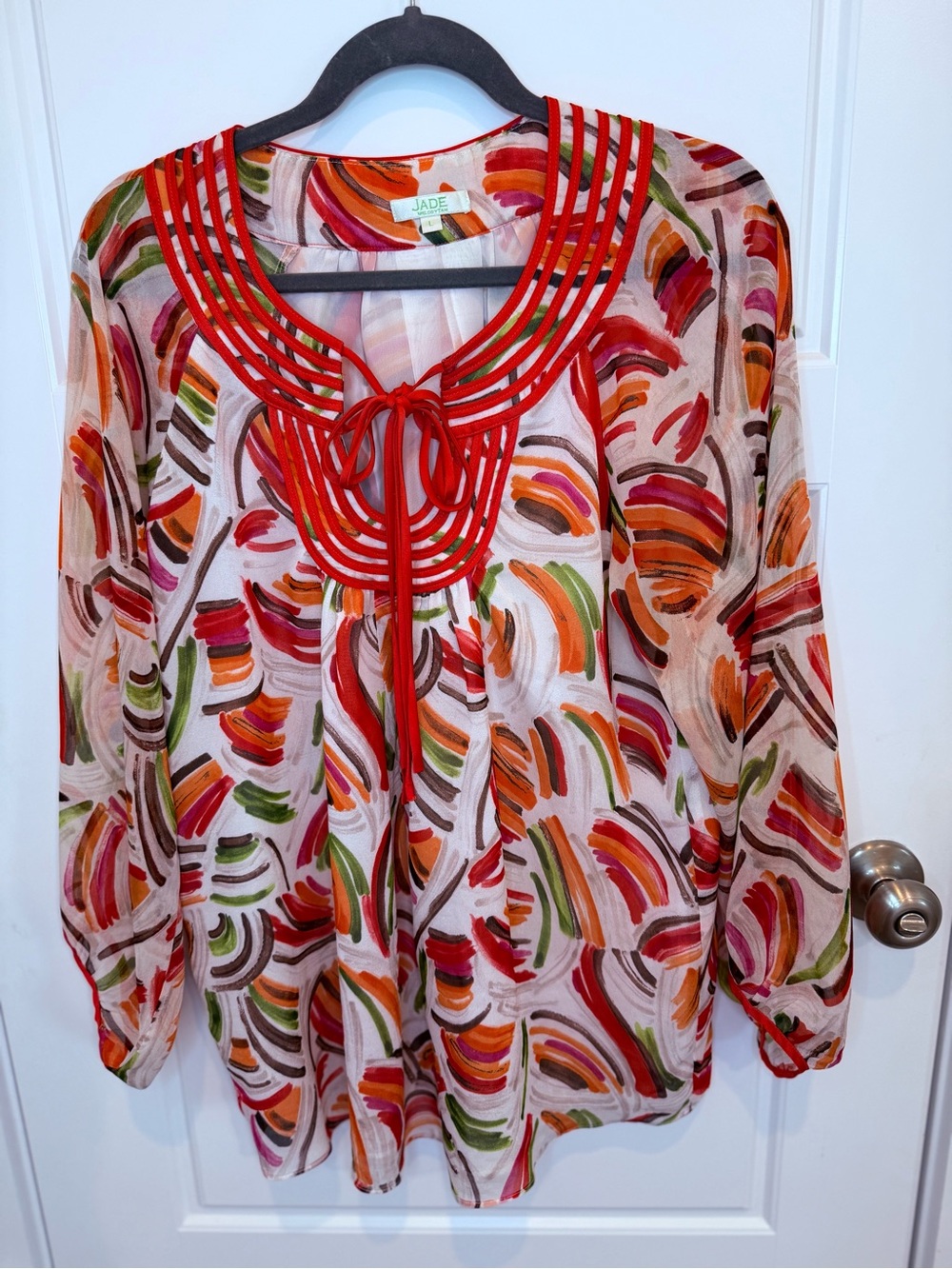 Jade Melody Tam Coral Design Womens Long Sleeve Blouse Size Large Sheer